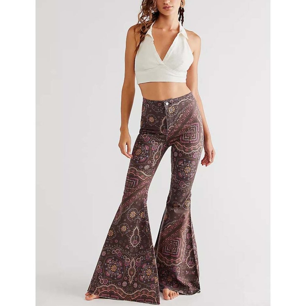 FREE PEOPLE Just Float On Printed Flare Jeans / Chocolate Combo